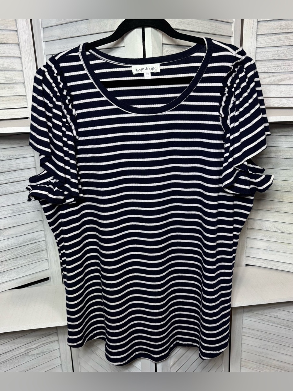 Stem & Vine Navy Striped Ruffle Sleeve Top Size 3X